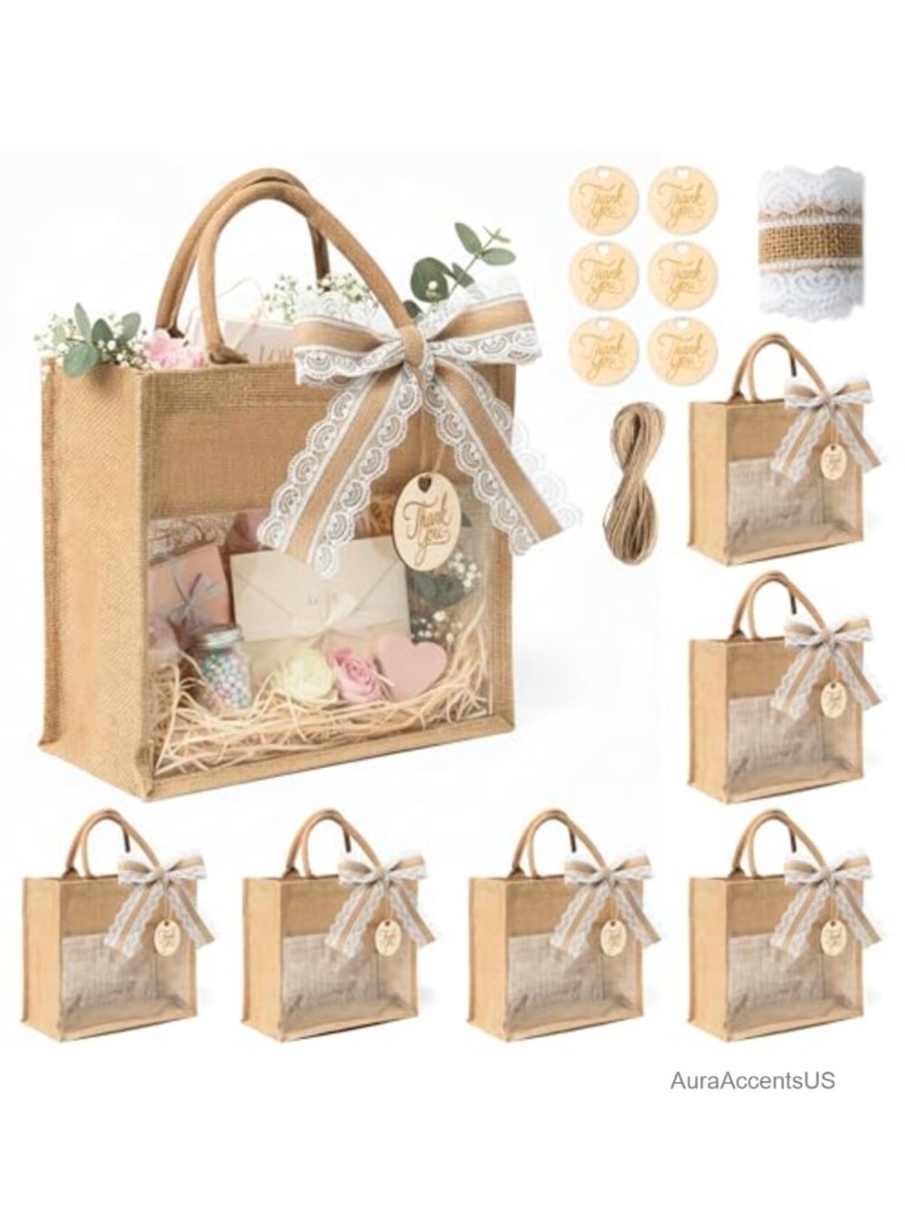 6pk Burlap Tote Bags Wedding Bachelorette Gift Bags Jute Totes with Handles